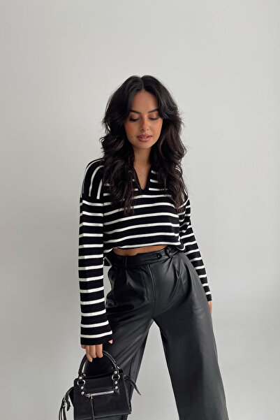 motina Kadın Polo Yaka Çizgili Siyah Beyaz Triko Kazak