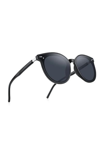 GERICOM Ochelari de soare de dama, forma rotunda, polarizati, filtru UV, lentila neagra, Negru