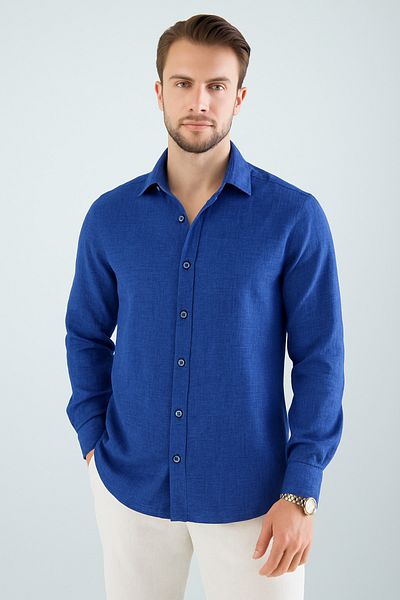 YXC Trend Maker Men's Saks Linen Look Oversize 100% Fabric Flared Casual Button Collar (Wide Cut)