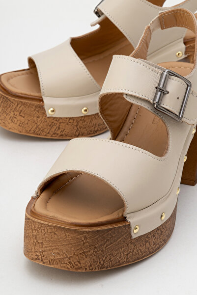 Dericlub Women's Platform Heel Clogs Sandals Real Leather Zy 8247 Beige