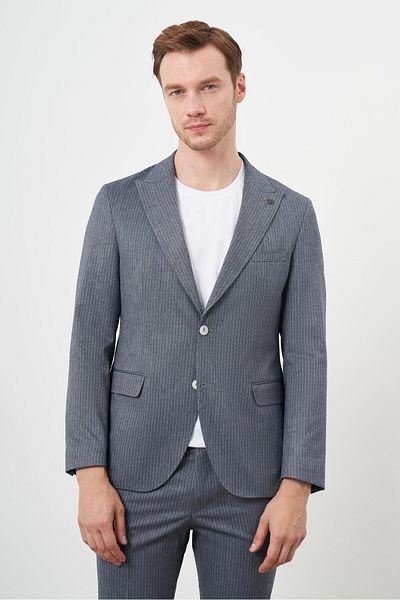 Morven Men's Navy Blue Polyviscon Trend Striped Pattern Slim Fit Mono Collar Bag Pocket Sports Suit