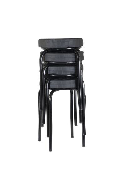 HALL BREATHE Şık Siyah Demir Ayaklı Deri 4'lü Mutfak ve Balkon Taburesi