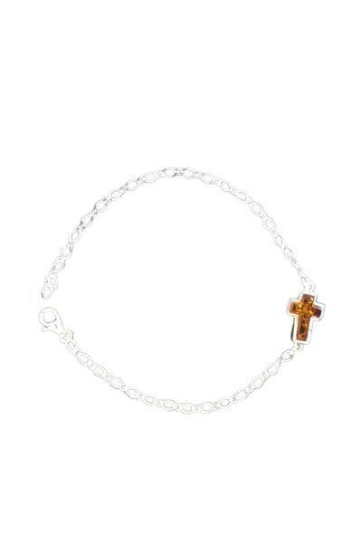 OEN Silver bracelet with cognac brown amber, cross pattern, length 20 cm, adjustable, 3.1 g