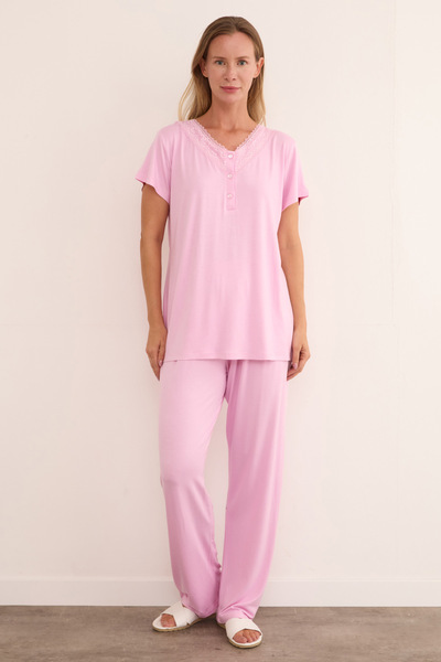 Fulla Moda Yakası Dantel Detaylı Pijama Takımı