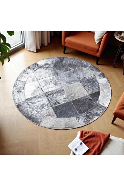 deco marié Parlak Gri Yuvarlak Dana Derisi Halı - Şık Salon Halısı, Modern De...