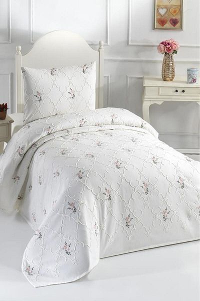 Çeyiz Diyarı Pinkrose Embroidered Chenille 2 Piece Single Bedspread Cream