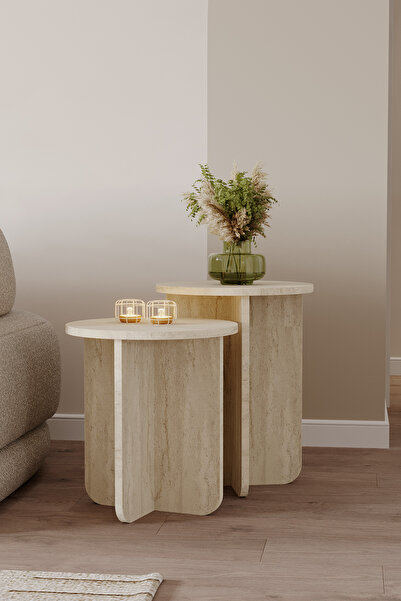 HALL BREATHE İki Parçalı Yuvarlak Zigon Sehpa Takımı, İskandinav Tarzı, Trave...