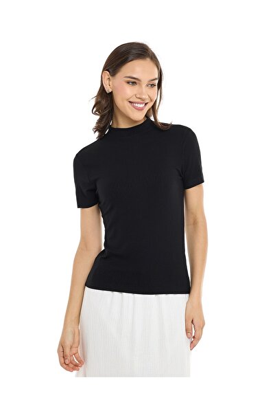 R&B Ribbed Top with High Neck and Short Sleeves