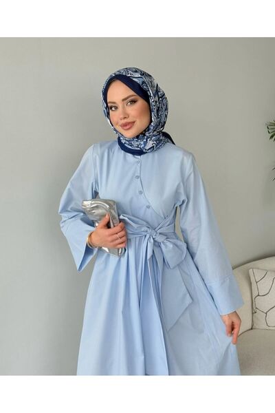 TESETTÜR AKBAŞ Çapraz Düğme Detaylı Bağlamalı Poplin Tesettür Elbise