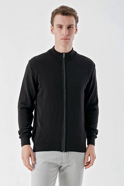 Morven Men's Black Trend Jacquard Zippered Knitwear Cardigan