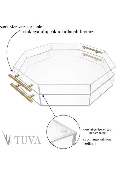 TUVA REKLAM Tuva - Round Octagonal Tray with Gold Handles |   Modern Plexiglass Presentation Tray |   Stylish Elite (25 X 25 cm)