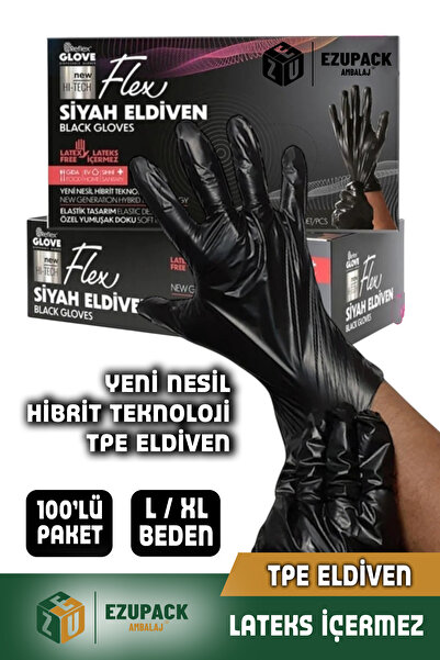 Ezupack L Beden Glove Flex Tpe Eldiven 100'lü Gıda Pudrasız Medikal Temizlik Mutfak (Lateks Nitril İçermez)
