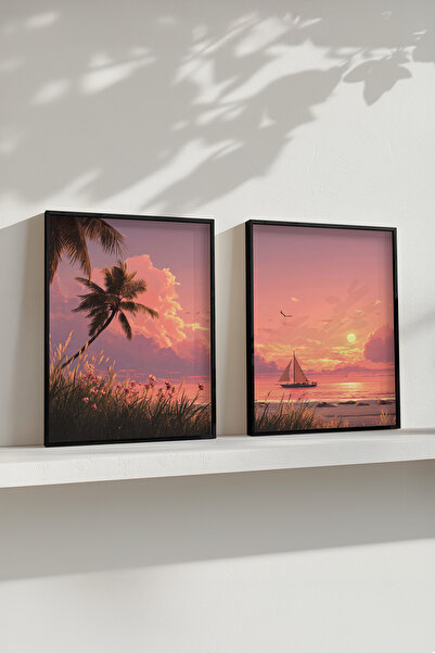 STARYUNA Set de pictură dublă cu cadru din lemn negru cu vedere la apus de so...