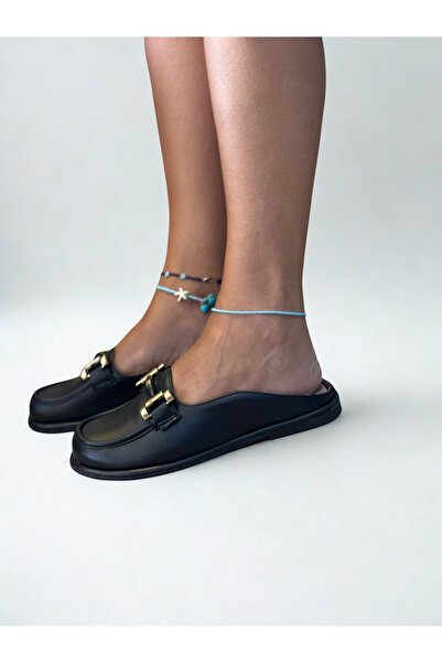 NE&VE SHOES Siyah Hakiki Deri Gold Aksesuarlı Kadın Sabo Terlik