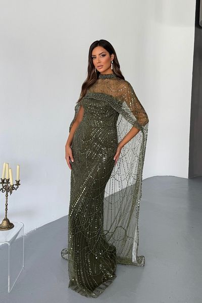 İyem Abiye Panel Pattern Cape Stone Stylish Design Evening Dress Slim Fit