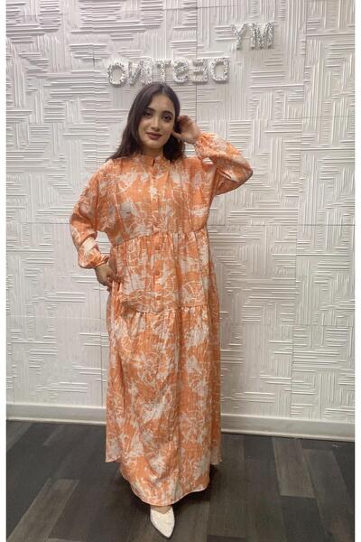 My Destino Tesettür Desenli Mango Kumaş Elbise