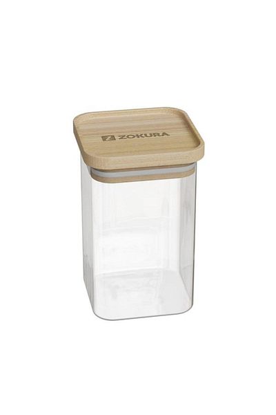 Zokura Recipient patrat Z1417, sticla, 8x8cm, 550ml, cu capac din bambus