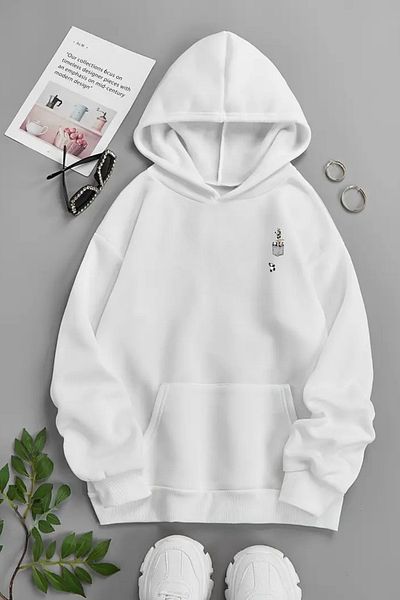 Sweetline Unisex White Hooded Sweatshirt – Panda Pocket, Printed Thick Fabric