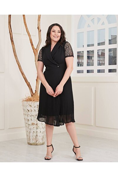 NESEMBUTİİK Dantel kol Piliseli Astarlı Büyük Beden Abiye