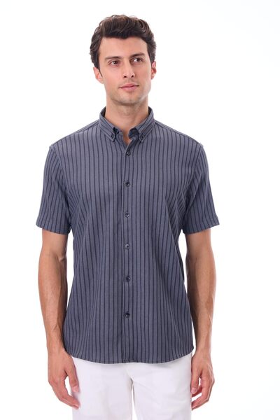 RAVANELLI Men's Short Sleeve Striped Shirt - Cotton Summer Fabric - Bane Grey