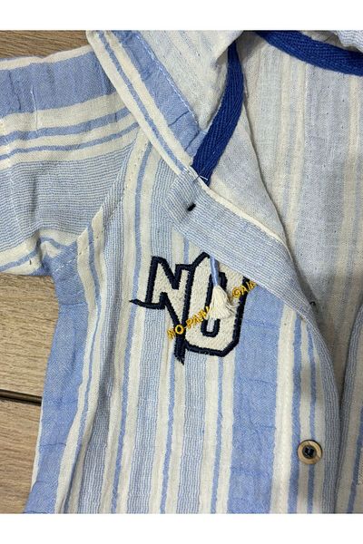 Tk Tela Kids Bebe 3Lu Set 6/9/12/18 Months Range Müslüm Fabric Shirt with Hat Blue White Striped Pocket