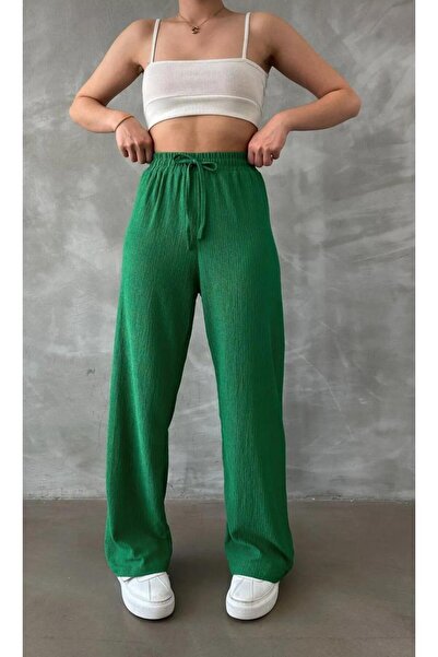 OurStyles Seersucker Women's Elastic Waist Lace up Palazzo Cut High Waist Pants