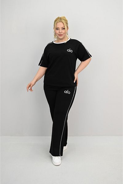 Koza Butik Women's Plus Size Short Sleeve Embroidery Detailed Loose Leg Tracksuit Set 8191-25