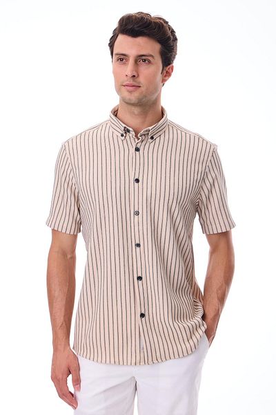 RAVANELLI Short Sleeve Striped Men's Shirt - Cotton Summer Fabric - Bane Beige