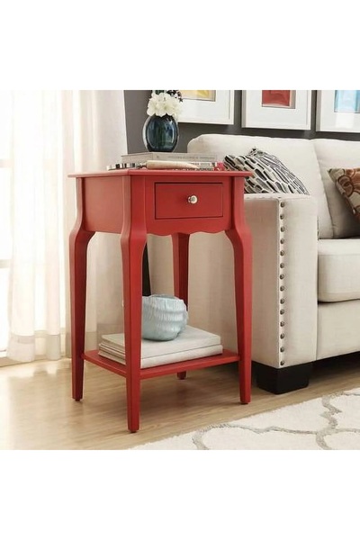 Wooding Mobilya Çekmeceli Masif Kırmızı Lake Bonamy Raflı Komodin - Yan Sehpa