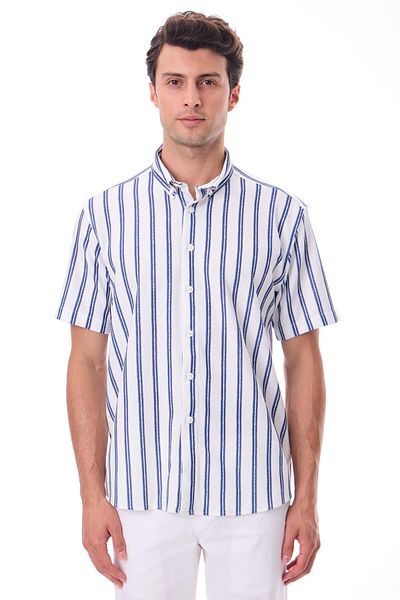 RAVANELLI Short Sleeve Striped Men's Shirt - Cotton Summer Fabric - Menton Blue