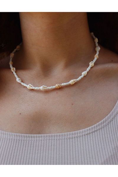 MITH SB TAKI Stainless Steel White Beads & Natural Mussels Necklace