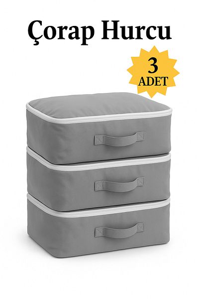 YELLOW STARY HOME DECOR (3 Pcs) Socks Pouch Gray Fabric Organizer Zipper Storage Pouch Drawer Organizer 29X24X17Cm