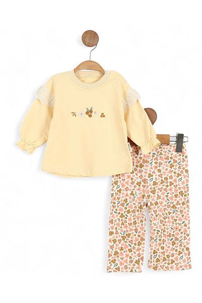 Ege Bebek Baby Girl Flower Embroidered Brode Sleeve Detailed Sweatshirt, Wide Leg Printed Leggings 6-9-12-18-24 Months Stylish Set
