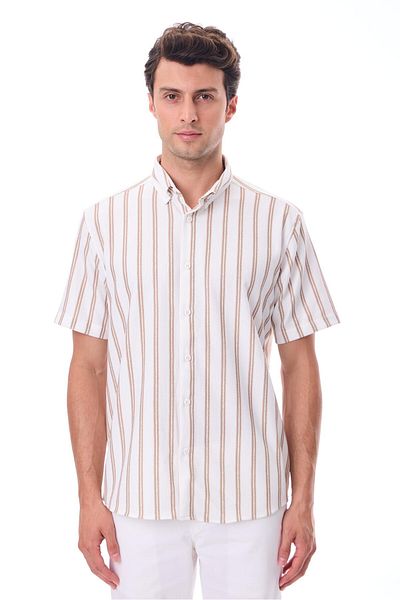 RAVANELLI Short Sleeve Striped Men's Shirt - Cotton Summer Fabric - Menton Beige