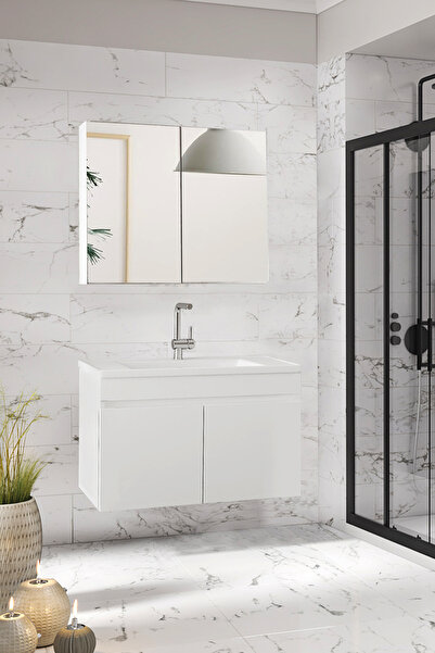 Genel Markalar Beyaz 80 cm Ayna ve Seramik Lavabolu MDF Banyo Dolabı Seti, Ha...