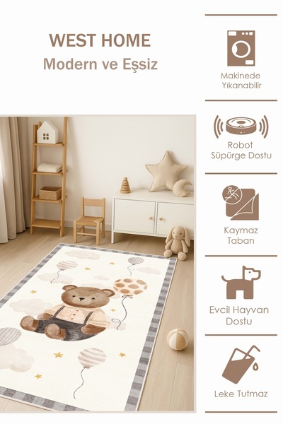 West Home Uyku halısı makinede yıkanabilir kaymaz taban leke tutmaz antibakteriyel çocuk odası halısı