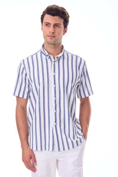 RAVANELLI Cămașă pentru bărbați cu mâneci scurte în dungi - țesătură de vară din bumbac - albastru menton