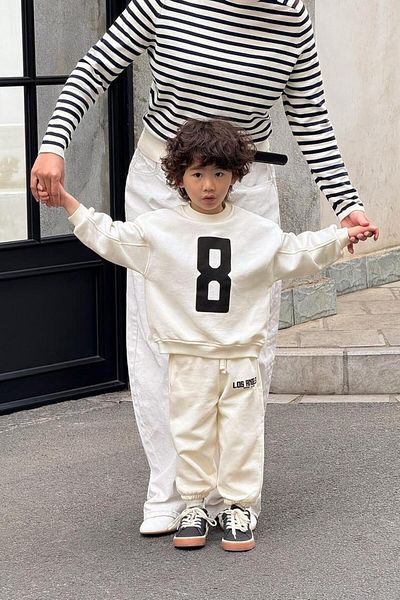 Magu Boy's Cotton Ecru 8 Printed Sweatshirt and Tracksuit Bottom Set