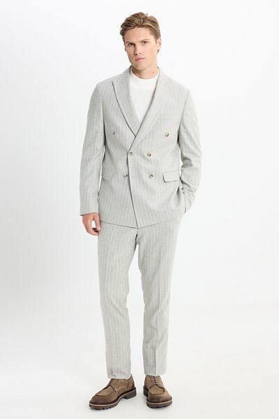 ALTINYILDIZ CLASSICS Men's Light Gray Woolen Slim Fit Slim Fit Swallow Collar Striped Cover Pocket Suit