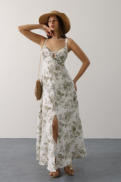 Le Savu Shilsee Flower Patterned Muslin Dress with Straps Green Back Decollete Slit