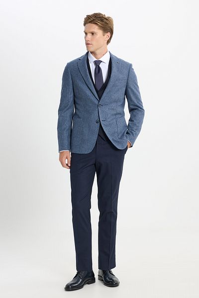 ALTINYILDIZ CLASSICS Men's Blue-Navy Blue Wool Slim Fit Slim Fit Mono Collar Pocket Pocket Check Vest Suit
