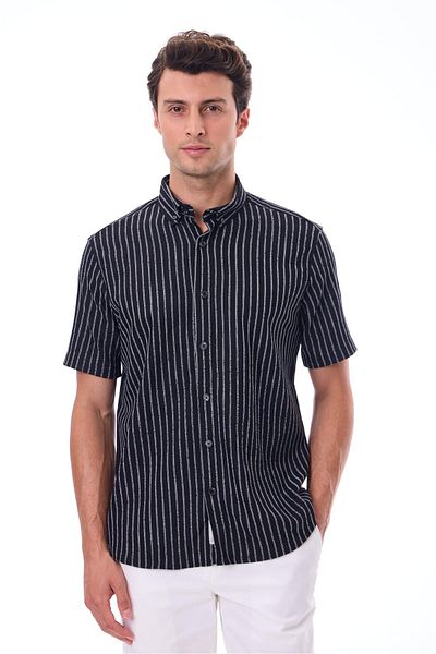 RAVANELLI Men's Short Sleeve Striped Shirt - Cotton Summer Fabric - Bane Black