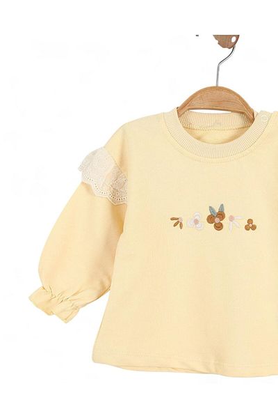 Ege Bebek Baby Girl Flower Embroidered Brode Sleeve Detailed Sweatshirt, Wide Leg Printed Leggings 6-9-12-18-24 Months Stylish Set