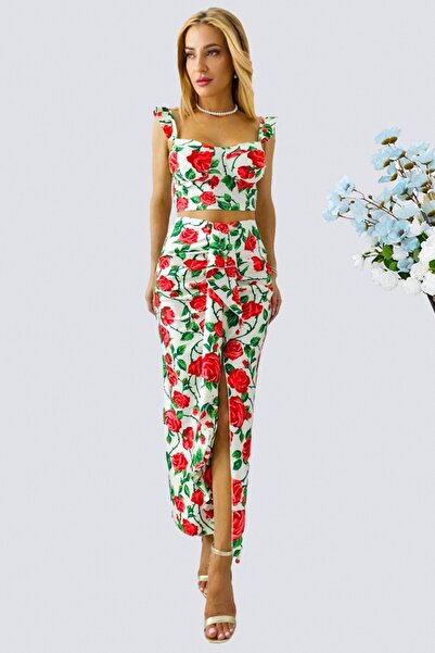 FashionForYou Καλοκαιρινό πάρτι, τοπ με βολάν και ροζ φούστα με τύπωμα , κρεμ