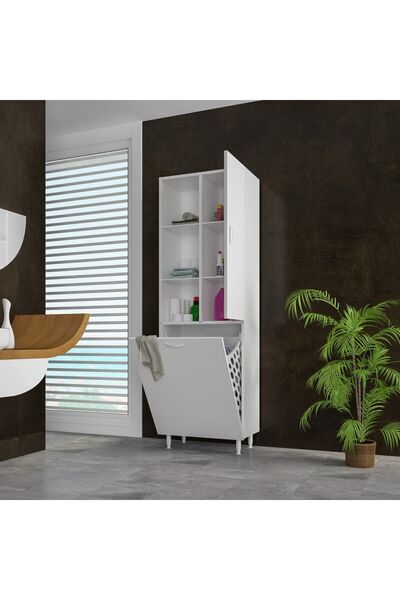 HALL BREATHE Beyaz tek kapaklı sepetli şık banyo dolabı, kullanışlı ve modern...
