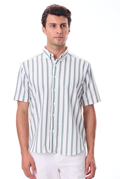 RAVANELLI Ανδρικό πουκάμισο με κοντό μανίκι ριγέ - Βαμβακερό καλοκαιρινό ύφασμα - Menton Water Green