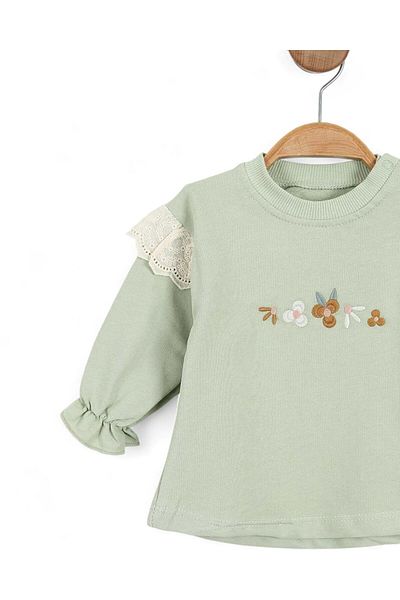 Ege Bebek Baby Girl Flower Embroidered Brode Sleeve Detailed Sweatshirt, Wide Leg Printed Leggings 6-9-12-18-24 Months Stylish Set