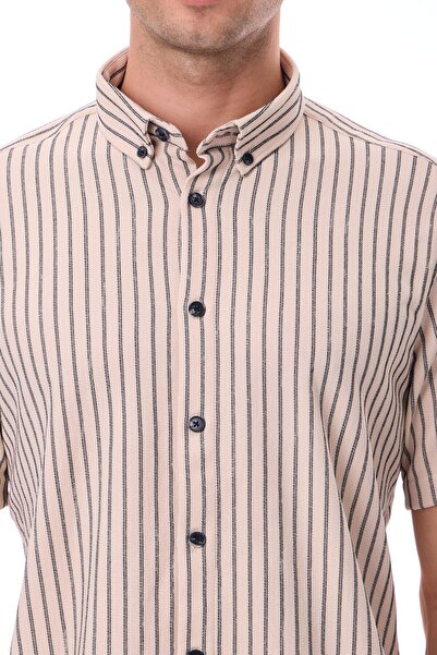 RAVANELLI Ανδρικό πουκάμισο με κοντό μανίκι ριγέ - Βαμβακερό καλοκαιρινό ύφασμα - Bane Beige