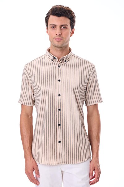 RAVANELLI Ανδρικό πουκάμισο με κοντό μανίκι ριγέ - Βαμβακερό καλοκαιρινό ύφασμα - Bane Beige