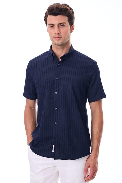 RAVANELLI Short Sleeve Striped Men's Shirt - Cotton Summer Fabric - Bane Navy Blue